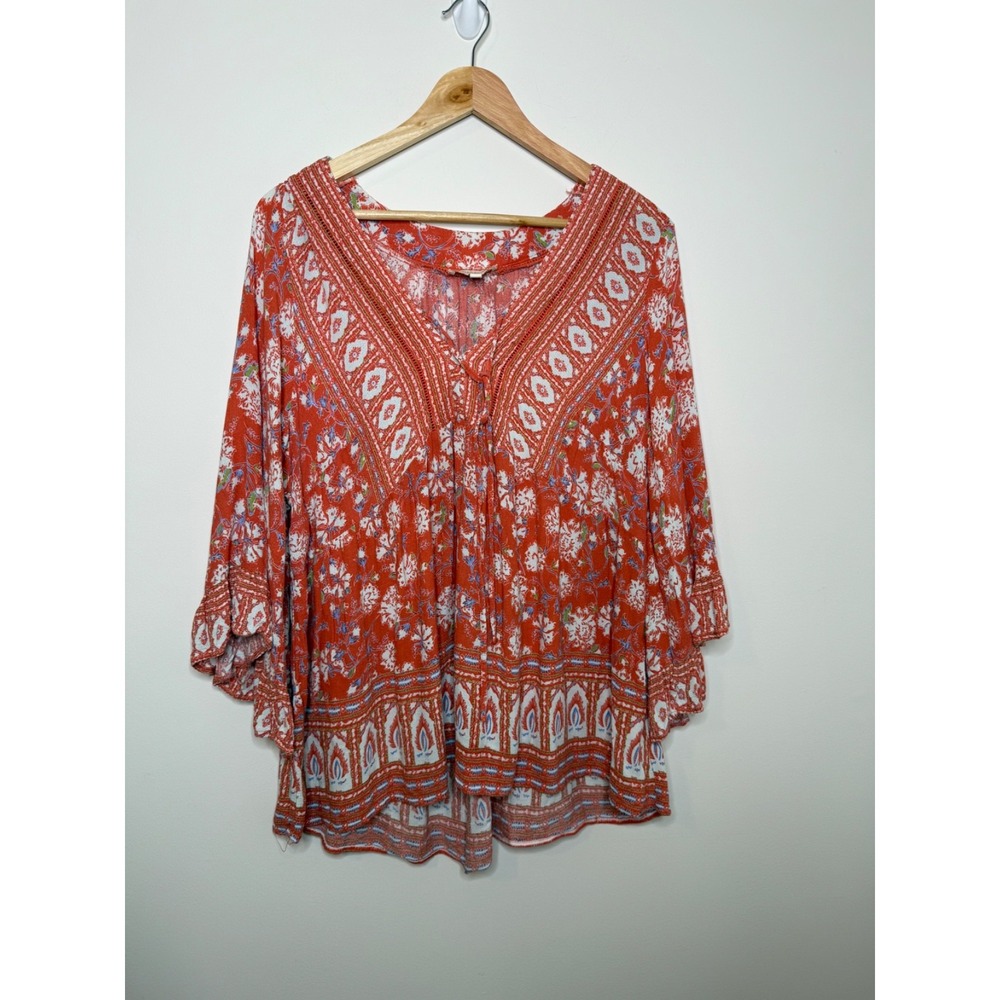 Cynthia Rowley Woman 1X Boho Floral Geometric Peasant Top Orange‎